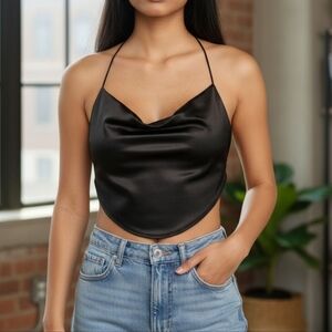 EUC Meshki Size Medium Sexy Black Satin Cowl Neck Backless Handkerchief Top!
